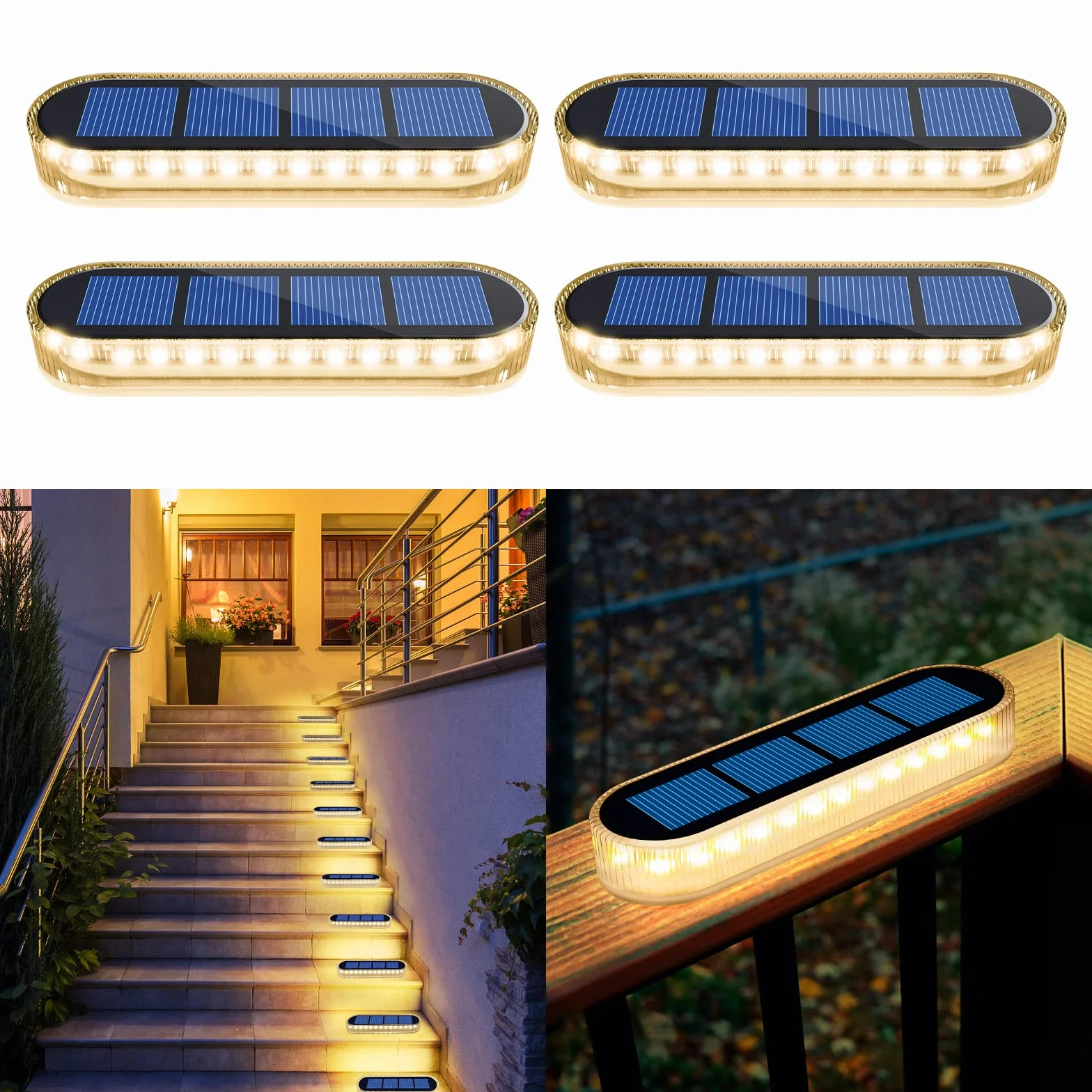 YiLaie Luci Solari da Giardino, Esterno, Lampada da Scala, Bianca Calda 2700K con On/Off Automatica da Percorso, LED IP68 Impermeabile Lampione 4 pezzi
