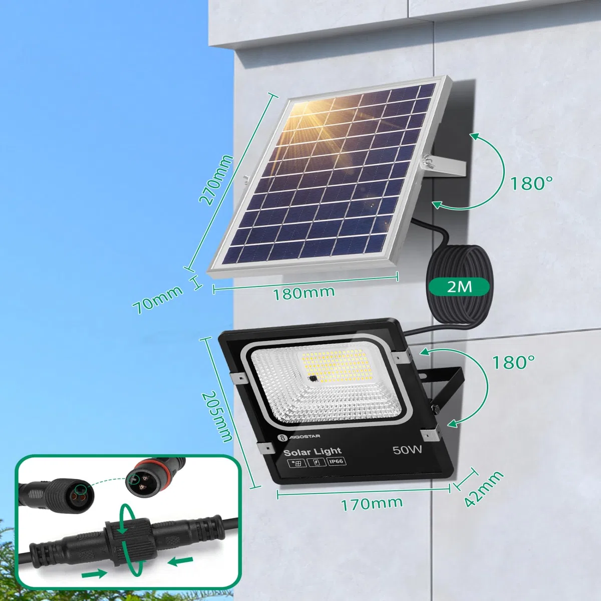 Aigostar - Faro led esterno con pannello solare，50W，dimmerabile，Faretto solare esterno con telecomando e timer，IP66，5000mAH，Batteria di grande capacità，Faretti solari con cavo 2M.