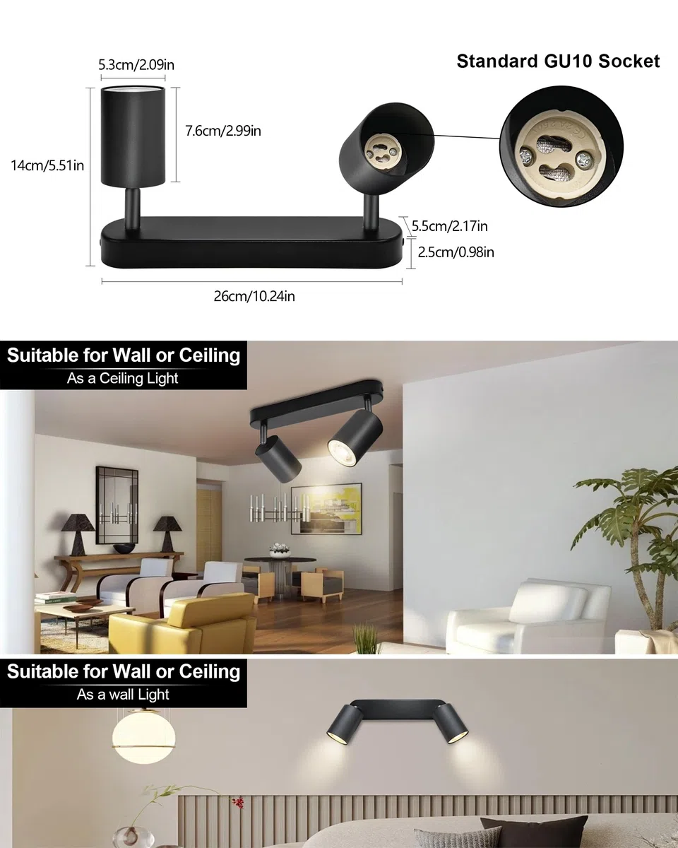 Faretti da Soffitto Orientabili, GU10 Faretti LED da Soffitto Nero, Lampada Soffitto 2 Luci Moderni, Faretto da Parete Interno in Alluminio per Cucina, Camera, Barra, Lampadina Non Inclusa