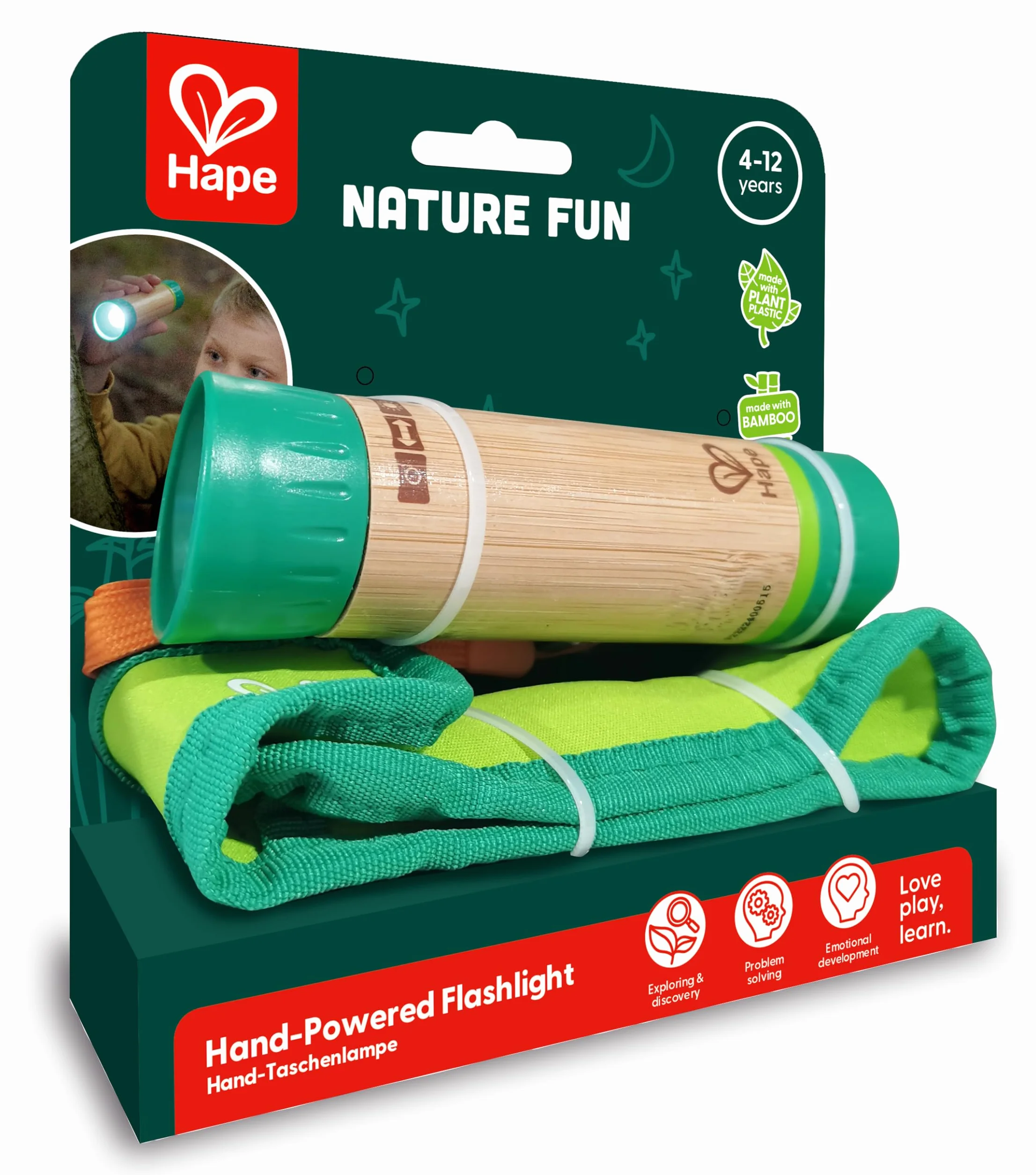 Hape Nature Fun - Torcia alimentata a mano: genera energia pulita tirando l’anello - Pila in bambù e bioplastica 4+ senza batterie