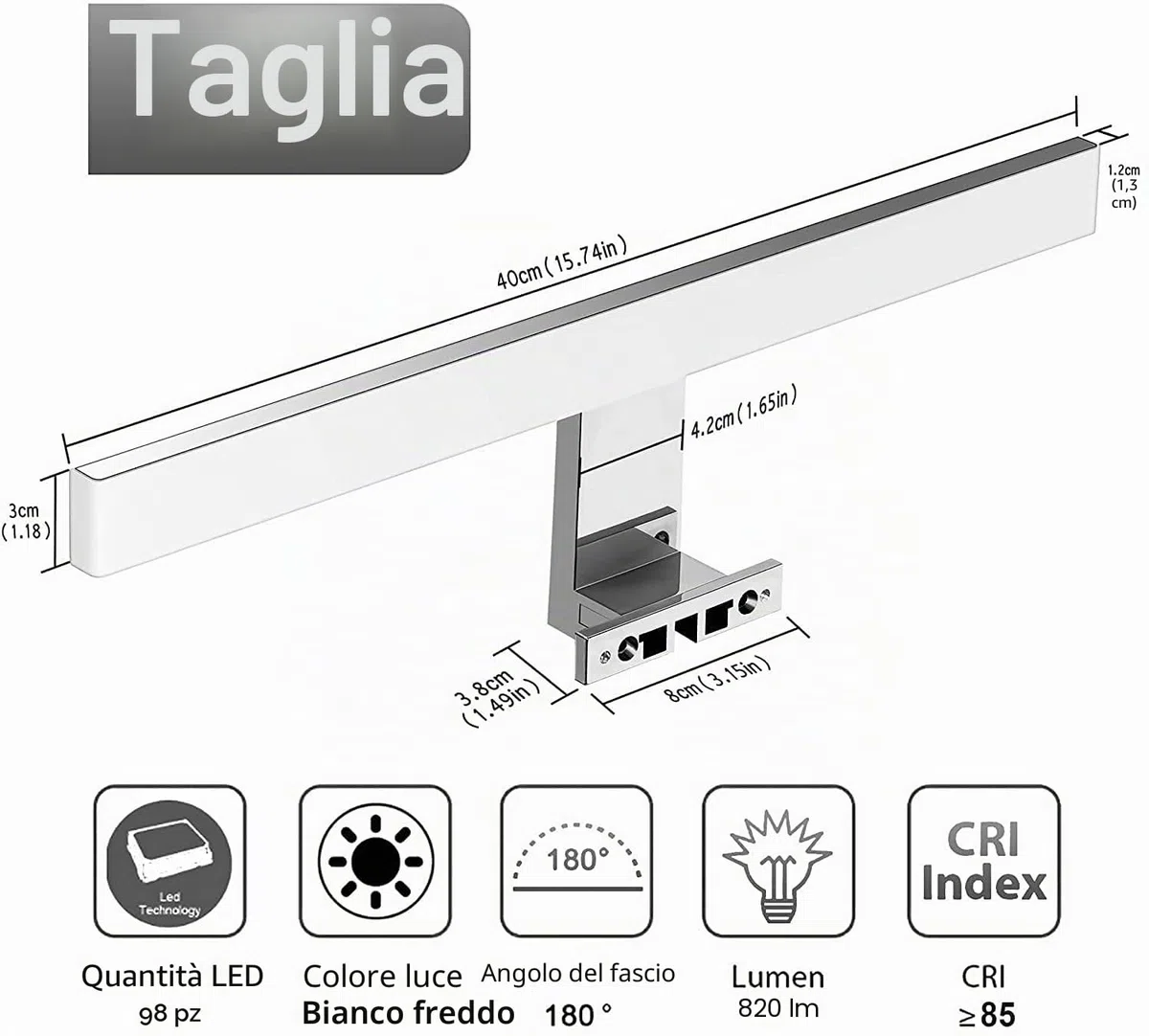 Lampada da Specchio a LED per Bagno,10W,820LM,40cm,Bianco Neutro,4000K,Montaggio 3 in 1,IP44,230V,400mm,Senza Tremolio,Lampada da Specchio per Armadio da Bagno