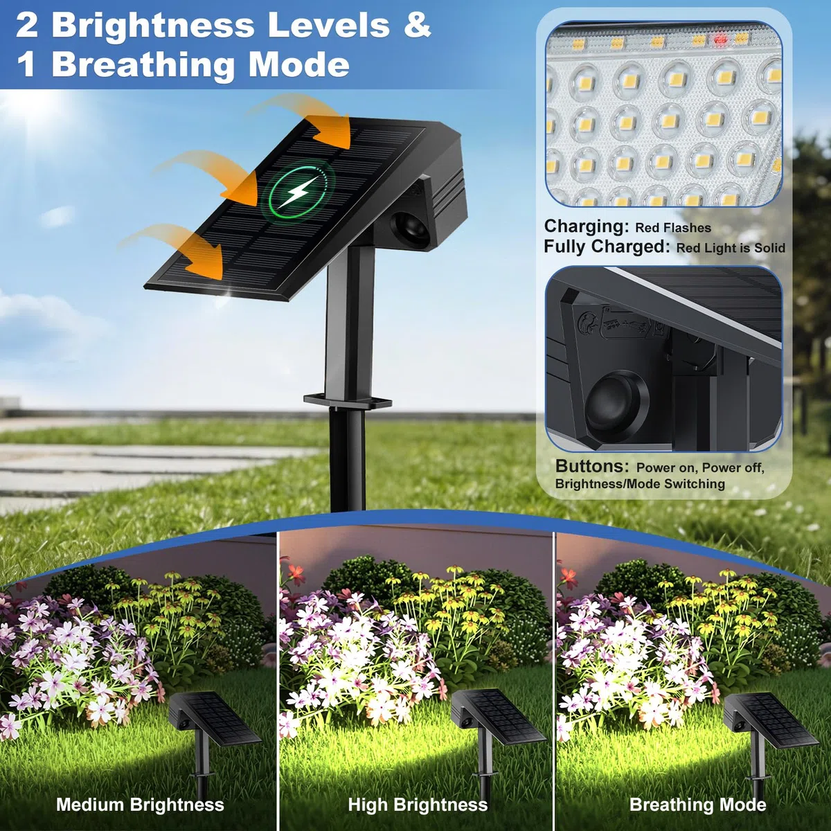 FIFlying Faretti Solari da Esterno 4 Pezzi, 44 LED Faretti Solari a LED da Esterno, 3 Modalità IP67 Impermeabile Lampade da Giardino per Cortile, Patio, Vialetto, Alberi - Bianco Freddo