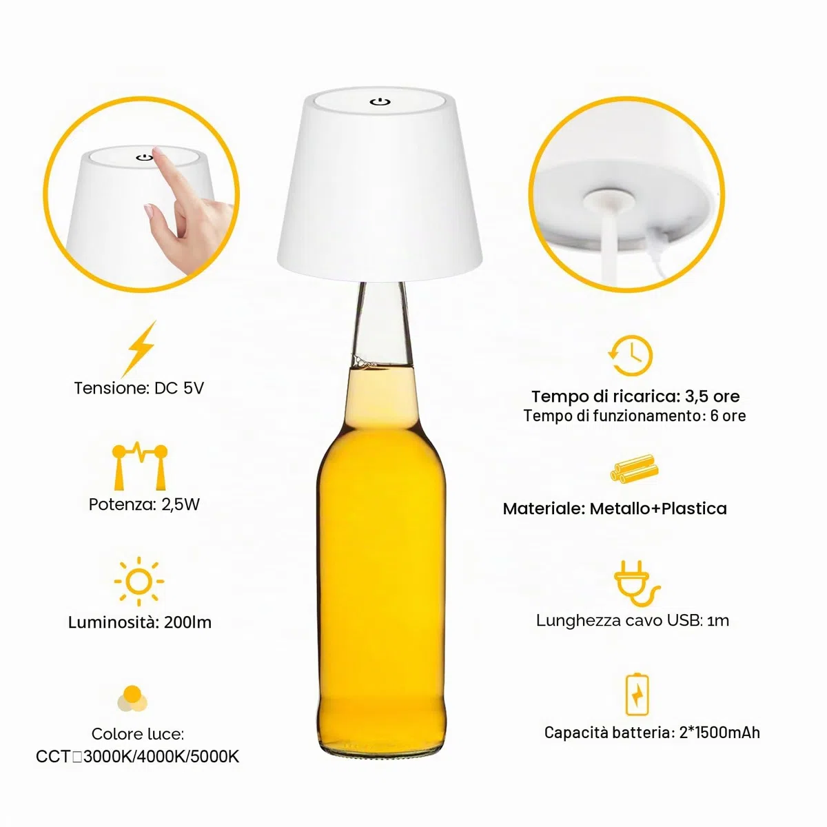 ANTELA Lampada da Tavolo LED Senza Fili Ricaricabile, Dimmer Touch 3000K/4000K/5000K, Lampada da Scrivania Portabile, IP44, per Interni/Esterni, Ristorante/Camera da Letto/Bar, Bianco