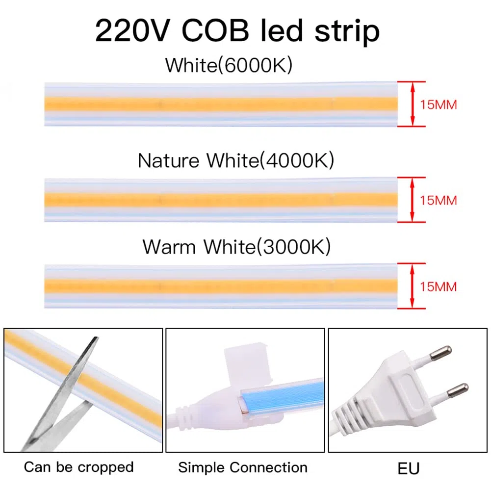 IP67 COB LED Striscia 1M 220V, 280 led/m Super Brillante Impermeabile Strip 1 Metro Bianco Caldo 3000K (Bianco Caldo, 1)