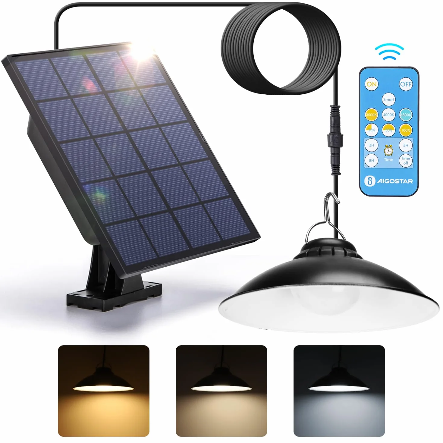 Aigostar-Lampada solare da esterno con telecomando，dimmerabile lampadario solar con timer，resistente alla pioggia IP65，Batteria di grande capacità， luce solari con cavo da 3 m