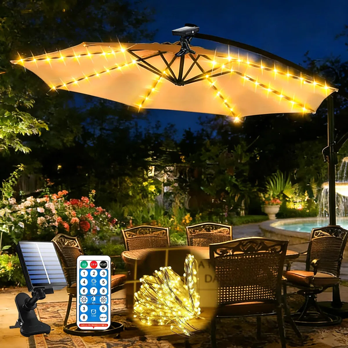 Illuminazione per ombrellone, illuminazione solare con telecomando, 104 LED, 8 modalità, luci a LED per ombrellone, impermeabile, per tende da campeggio, per interni ed esterni