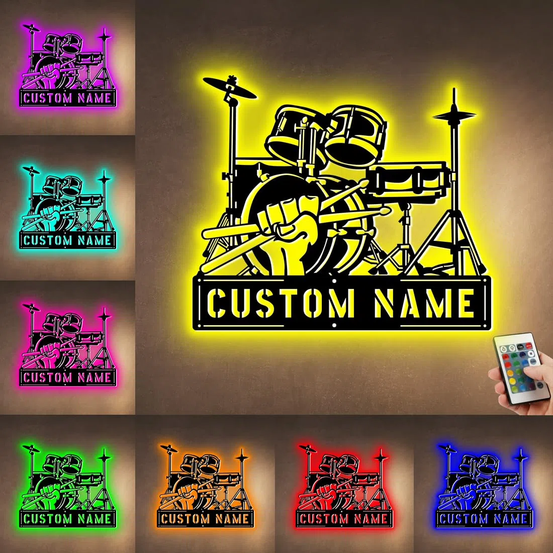 Insegna Personalizzata per Batterista in Metallo con Luci Musicali per Arte Murale, Insegna Personalizzata per Performance di Batteria con Nome in Metallo Neon RGB Led per Decorazione della