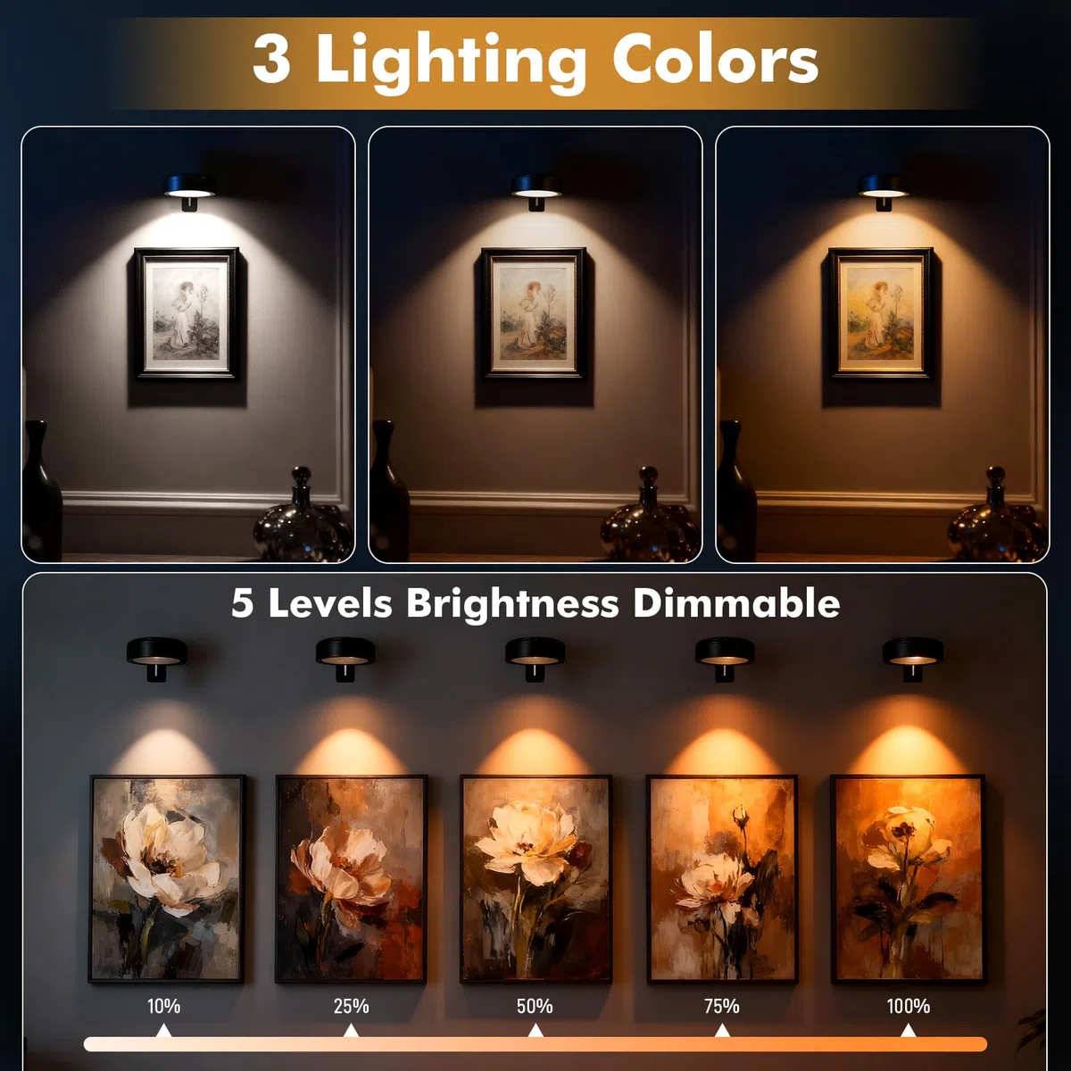 Starvortex 3 Pezzi Luci per Quadri LED Senza Fili a Batteria Ricaricabile, Lampada da Parete con Telecomando e Cavo di Ricarica 3-in-1, 2600mAh - Illuminazione Interna per Sottopensile Cucina (Nero)