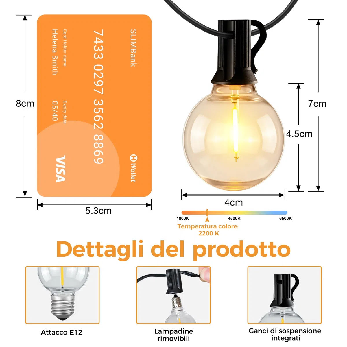 HeiPard Catena Luminosa Esterno, 10M Luci da Esterno Giardino con 15+1 G40 LED Bianco Caldo Luminose Lucine Esterni per Terrazzo Balcone Patio Festa