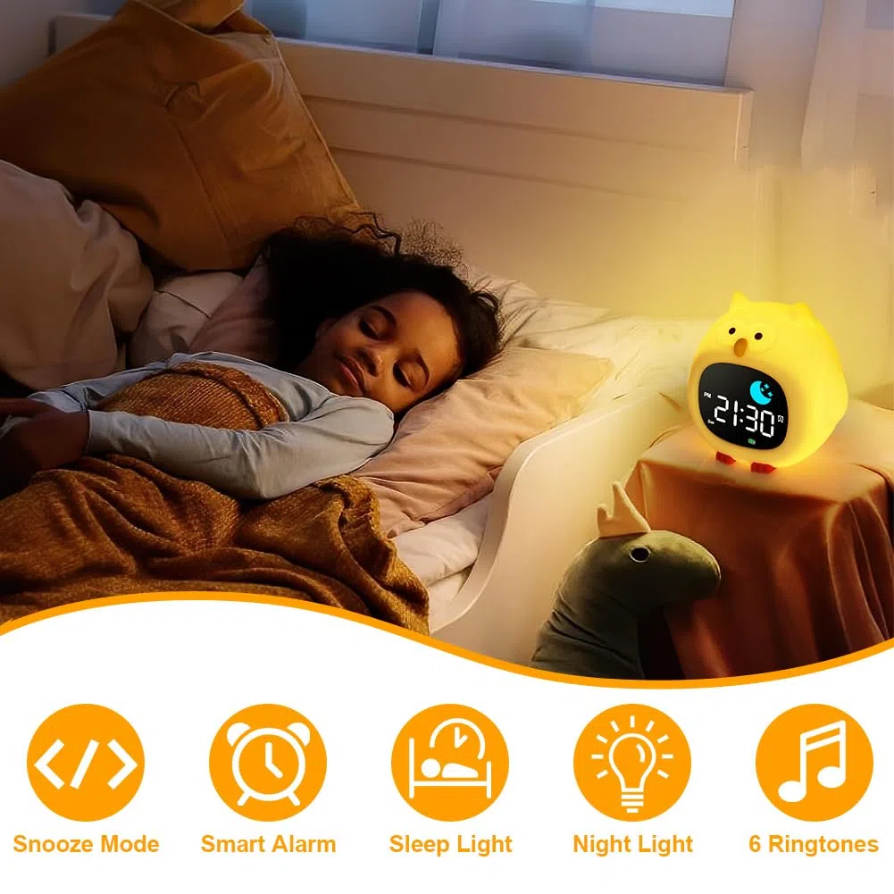 HOTUT Sveglia Digitale Luminosa per Bambini, Lampada Notturna Ricaricabile USB con 8 Colori Dimmerabile, 6 Suonerie e Musica
