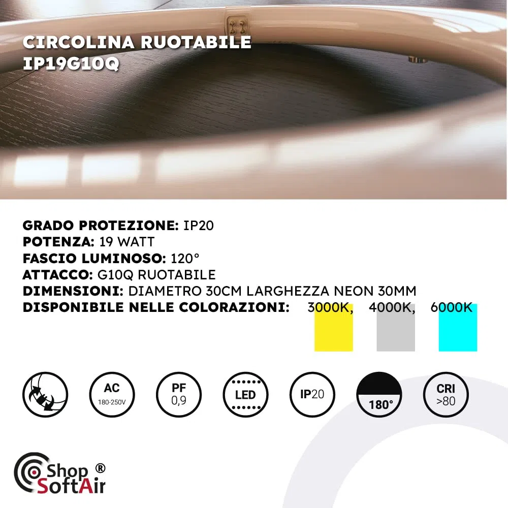 Circolina Led Consumo 19W Corrispondenza 120W diametro 30cm 1950LM Lumen Luce Bianco Naturale 4000k Calda 3000k Fredda 6500k Attacco G10Q T9 (Luce Naturale 4000k)