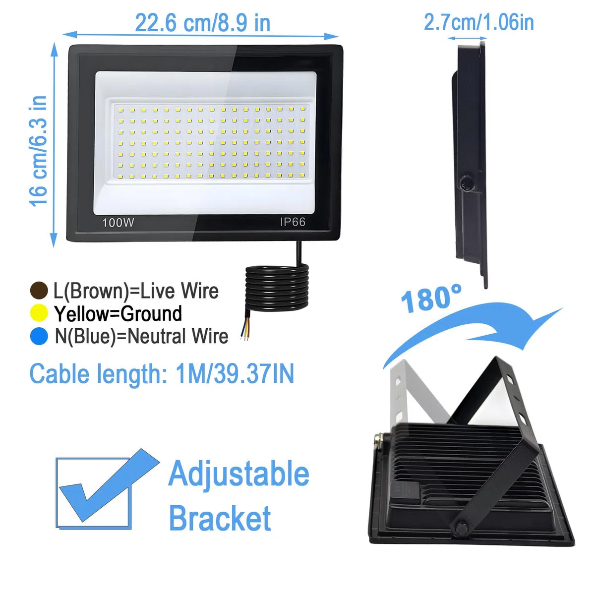 Faro LED Esterno 100W, 1M Cavo Bianco Freddo 6500K, IP66 Impermeabile Farettdao led esterno, 10000LM Faretti LED Esterno, per Giardini, Terrazze, Cortili, Piazza, Parchi, Garage, Fabbriche