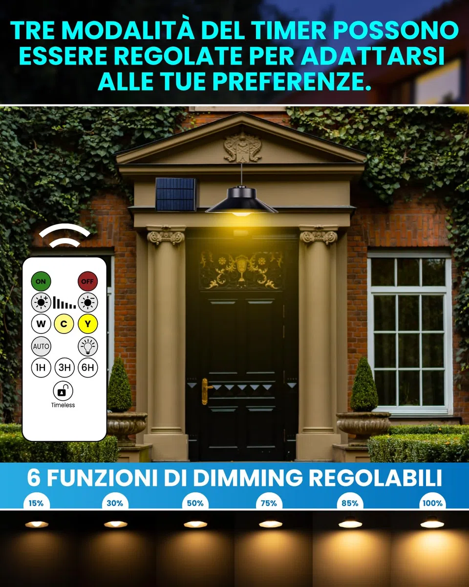 Lampada Solare Sospesa da Esterno, Lampade Solari Pendenti per Esterni, 3 Temperature di Colore con Timer, Telecomando, Regolazione della Luminosità, Impermeabile IP65, Lampade Solari Pendenti