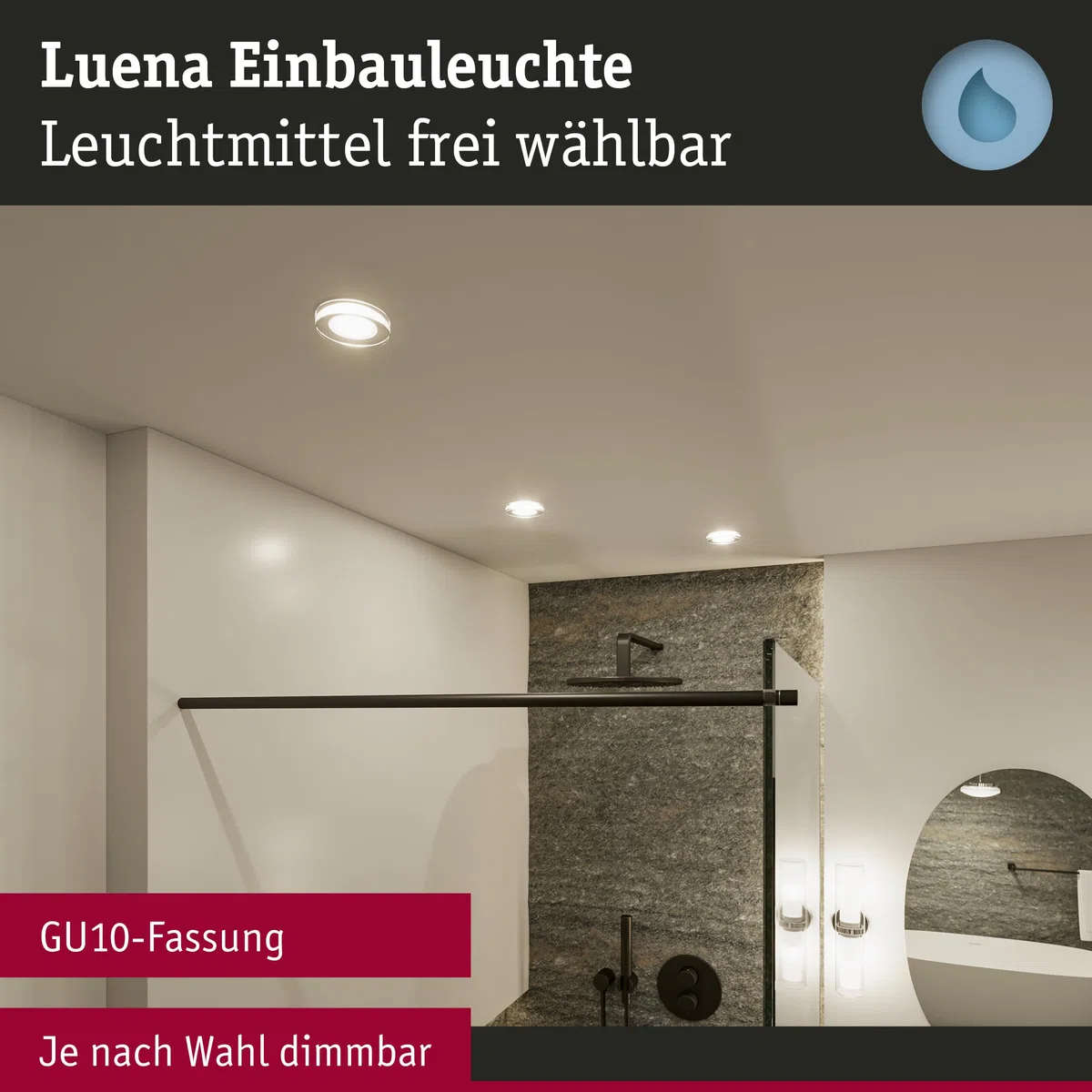 Paulmann 71079 Apparecchio da incasso Selection Bathroom Luena IP65 GU10 230 V max 35W dimmerabile bianco, faretto da incasso, luce da bagno