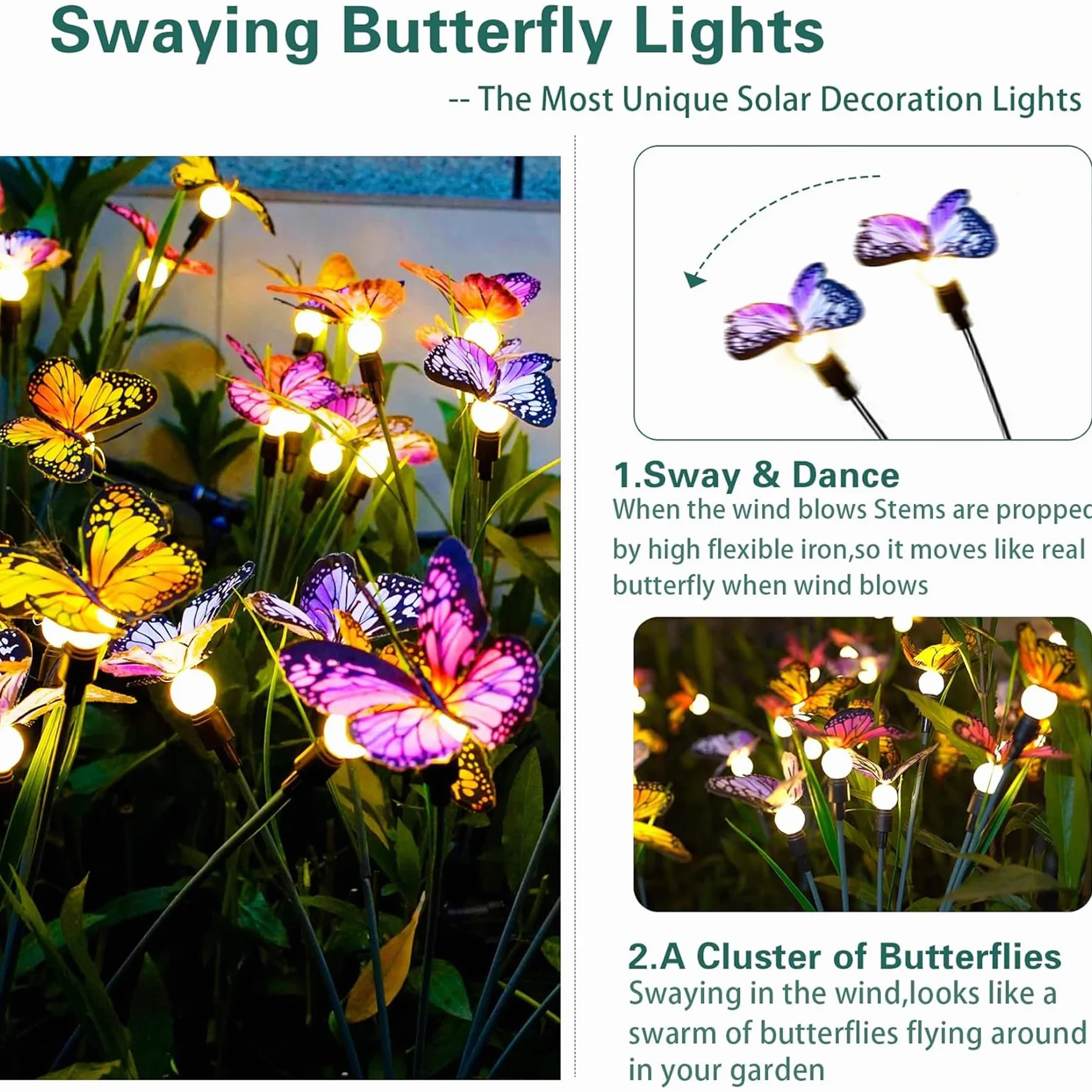 VEEKAY 2 lampade solari per cortili, terrazze e marciapiedi, 12 luci a LED a forma di farfalla, Firefly, IP65 impermeabili
