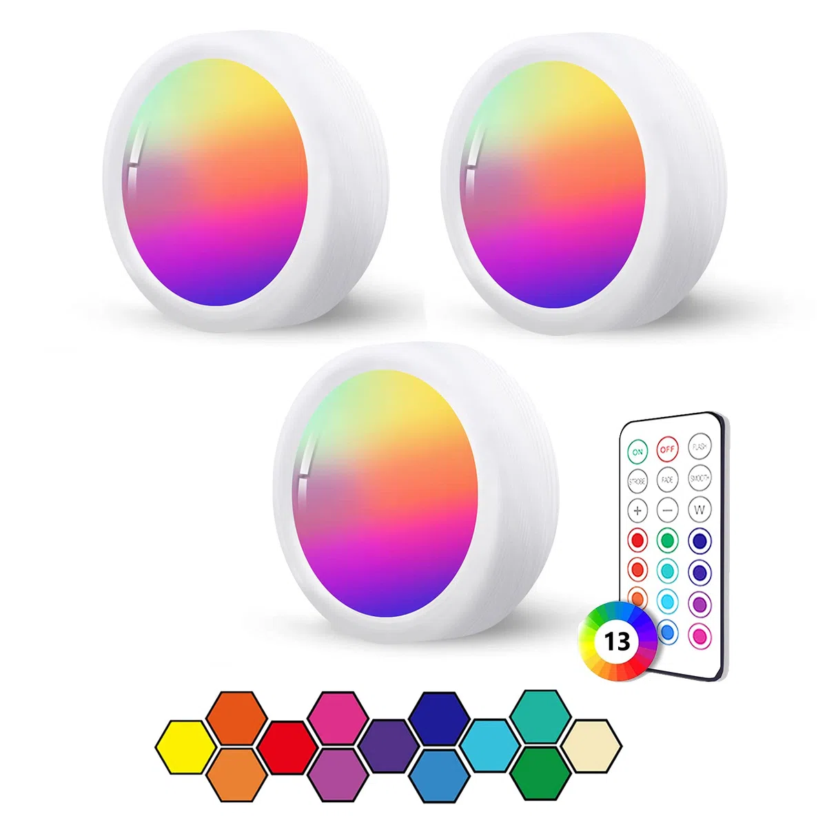 Faretto LED RGB a Batteria, 3 Pezzi Luce da Armadio Senza Fili con Telecomando Luci Sottopensile Cucina Colorate Faretti Senza Corrente Luce Notturna Lampada Adesivi per Scale Vetrine Guardaroba