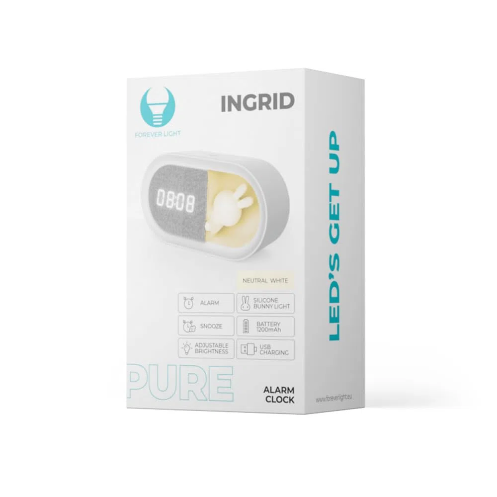 Forever Sveglia con coniglietto luminoso a LED PURE FNL-05 INGRID - Sveglia, lampada da comodino per la camera dei bambini, decorazione, orologio digitale, orologio wireless, USB-C, da letto, motivo