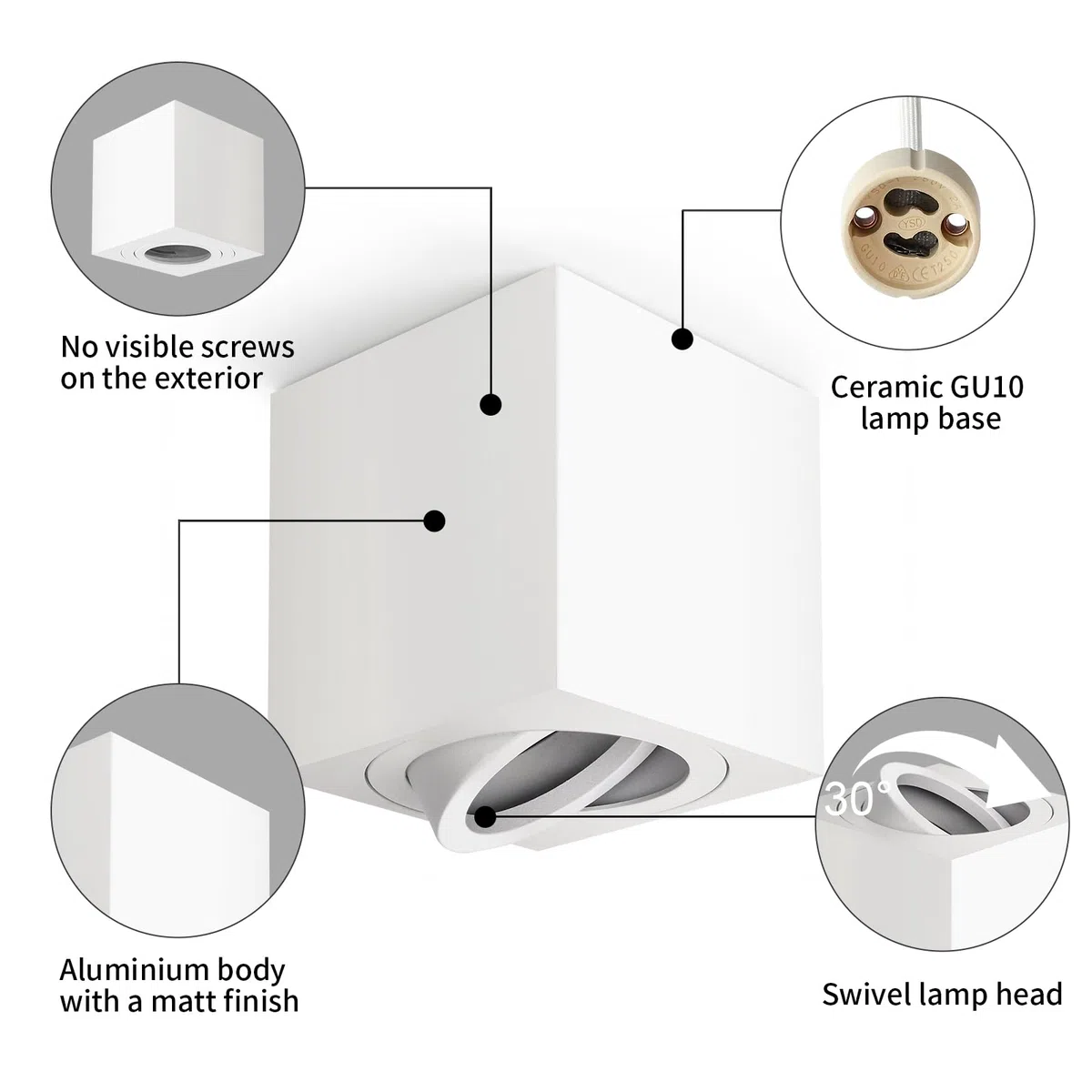 GeyouLux Faretti GU10 da Soffitto Bianco, 80x84mm Faretti da Superficie Quadrati, Orientabili 30°, Plafoniera 230V con Attacco GU10, Spot in Alluminio, Senza Lampadine, 2 Pezzi