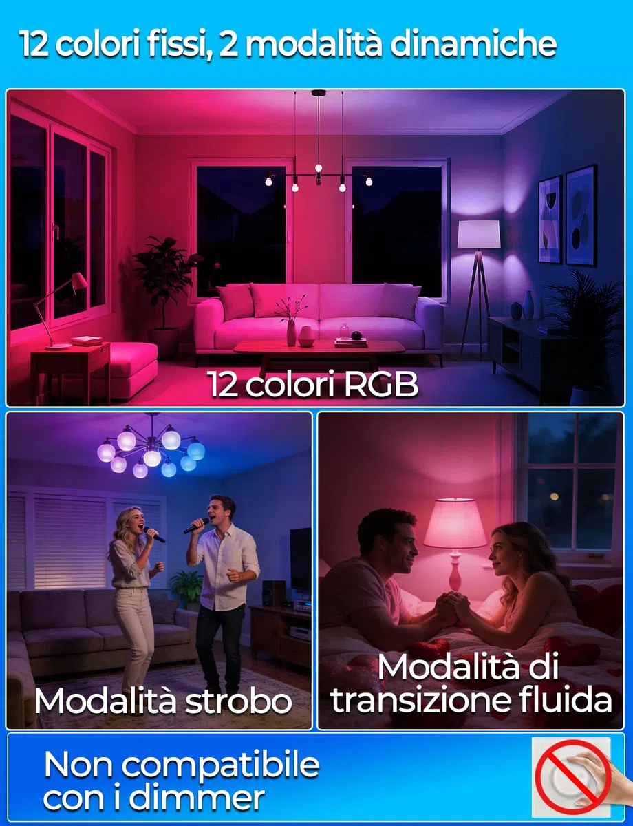 iLC Lampadina Colorata LED, Equivalente 40W, E27 12 Colore RGB 5 Watt Bianco Caldo (2700K) Edison Telecomando (Confezione da 4)