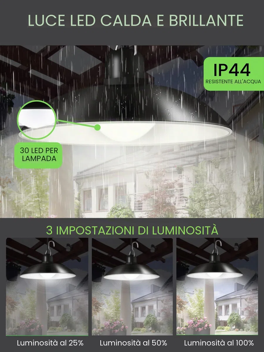 2 Lampade a Sospensione Solari da Esterno con Pannello Solare. Luci 30LED impermeabili IP44 con Telecomando e Cavo da 3 m. Illuminazione Calda 3500K per Giardino, Terrazzo, Patio, Garage.
