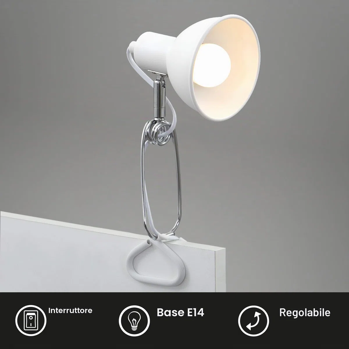 Briloner Leuchten - luce a pinza, lampada a pinza, 1x E14, max. 8 watt, con cavo con interruttore incluso, testina spot orientabile e rotante, in metallo, cromo bianco, 305x110x130mm