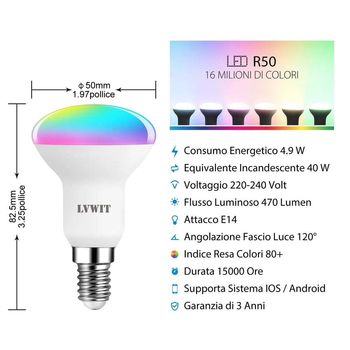 LVWIT Lampadina Smart E14 Wifi, Lampadine Alexa Riflettore, 4.9W = 40W, 470Lm, Lampadine Smart con Telecomando Compatibile con Alexa, Echo, Google Assistant, 16 Milioni di Colori RGBWW, 2 Pcs