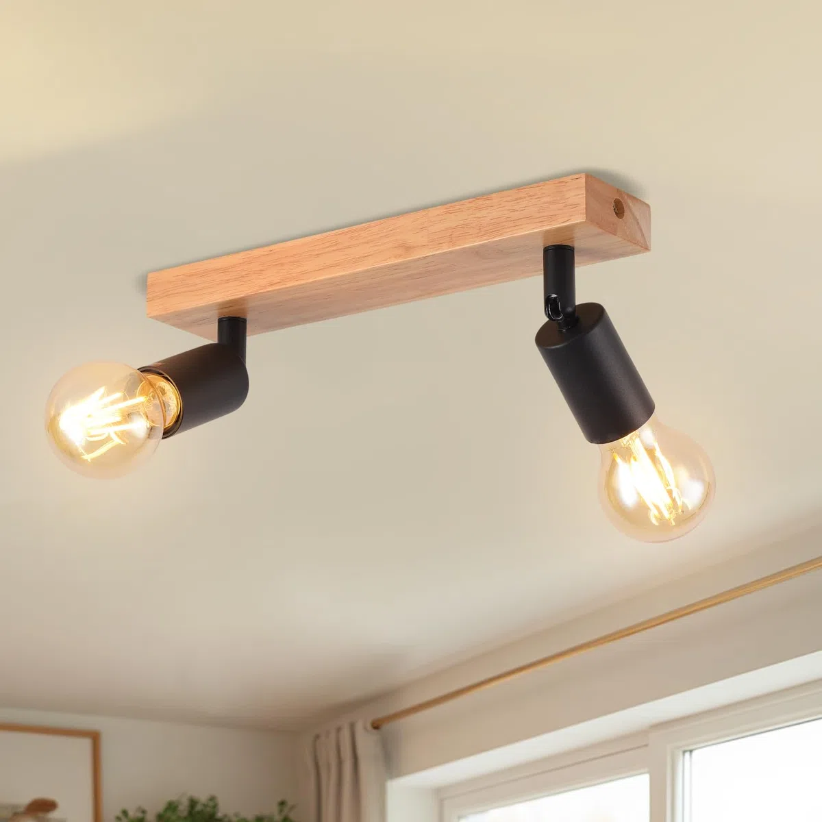 LVWIT Faretti LED da Soffitto Orientabili Nero, Faretto da Interno con 2 Lampadine LED E27, Base di Legno, Faretti Soffitto Retrò per Barra, Salotto,Cameretta, Cucina (Lampadine Escluse)