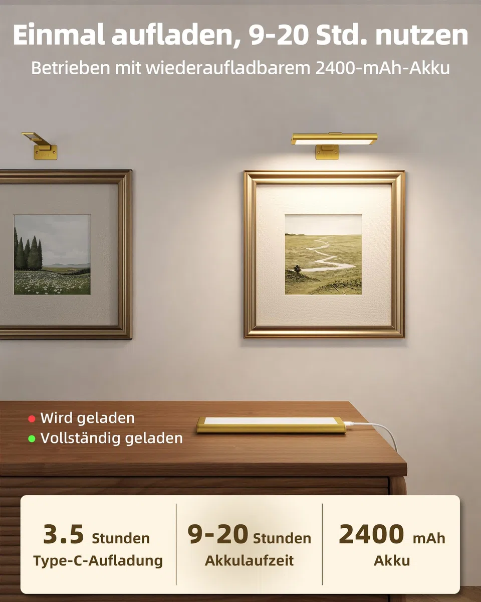 EZVALO Illuminazione senza fili – Lampada da parete a batteria per interni, colore oro, 1 pezzo di qualità museale per dipinti e foto