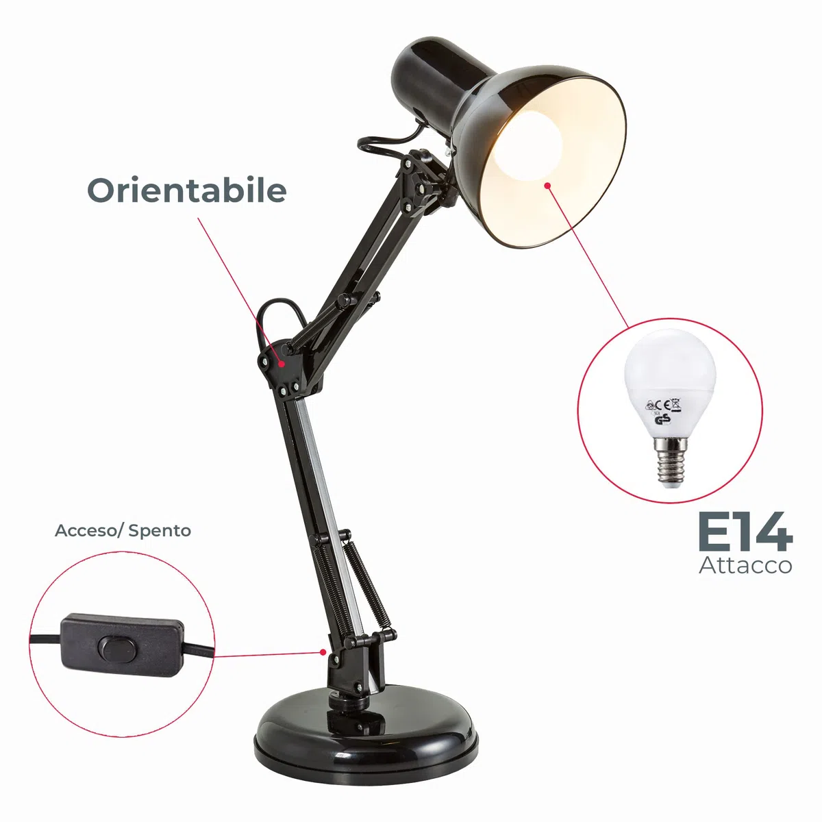 B.K.Licht Lampada da tavolo retro, interruttore on off, attacco E14, 40W, luce orientabile, da scrivania, scrittoio, comodino, lampada da lavoro, da lettura, ufficio, corpo in metallo, 53 cm (A), nero