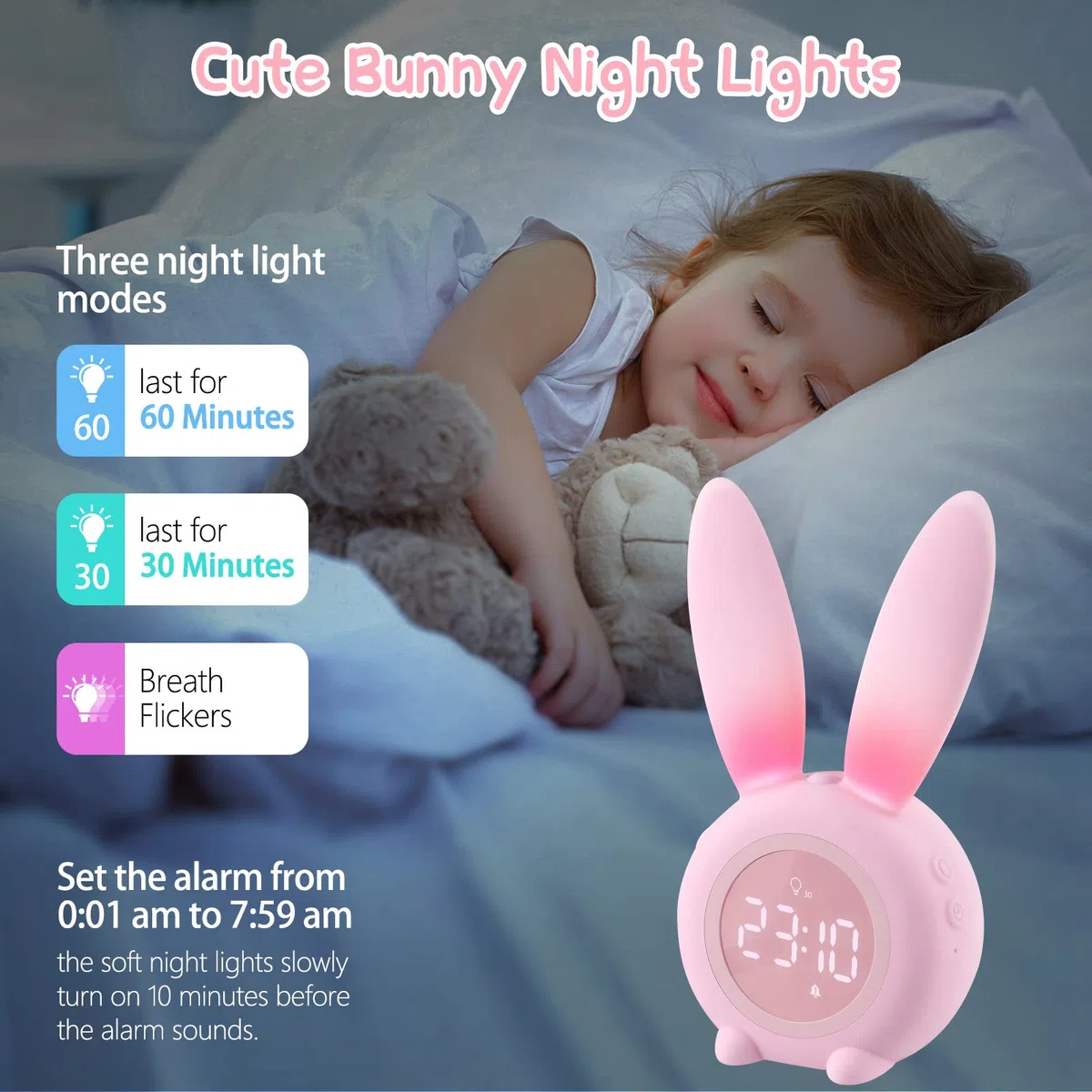 Sveglia Bambini, Carina Sveglia Coniglio comodino con Luce Notturna Funzione Snooze Timer, Ricaricabile Induzione Wake up Light - Rosa