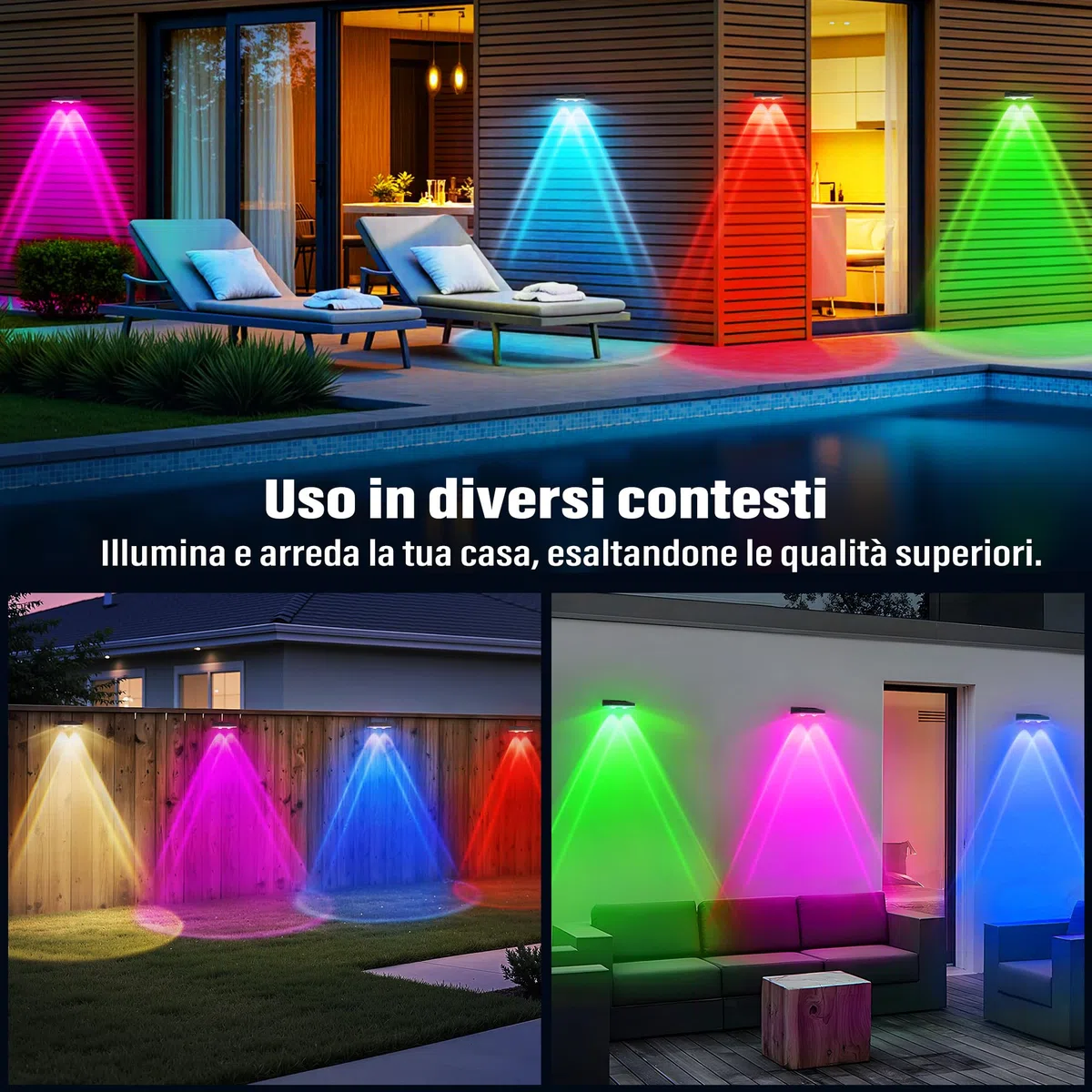 Applique da Esterno Solare Impermeabilità IP67, 4 Pezzi Luce Solare LED Esterno RGB con 8 Modalità Lampade Solari da Esterno per Cortile, Giardino e Recinzione