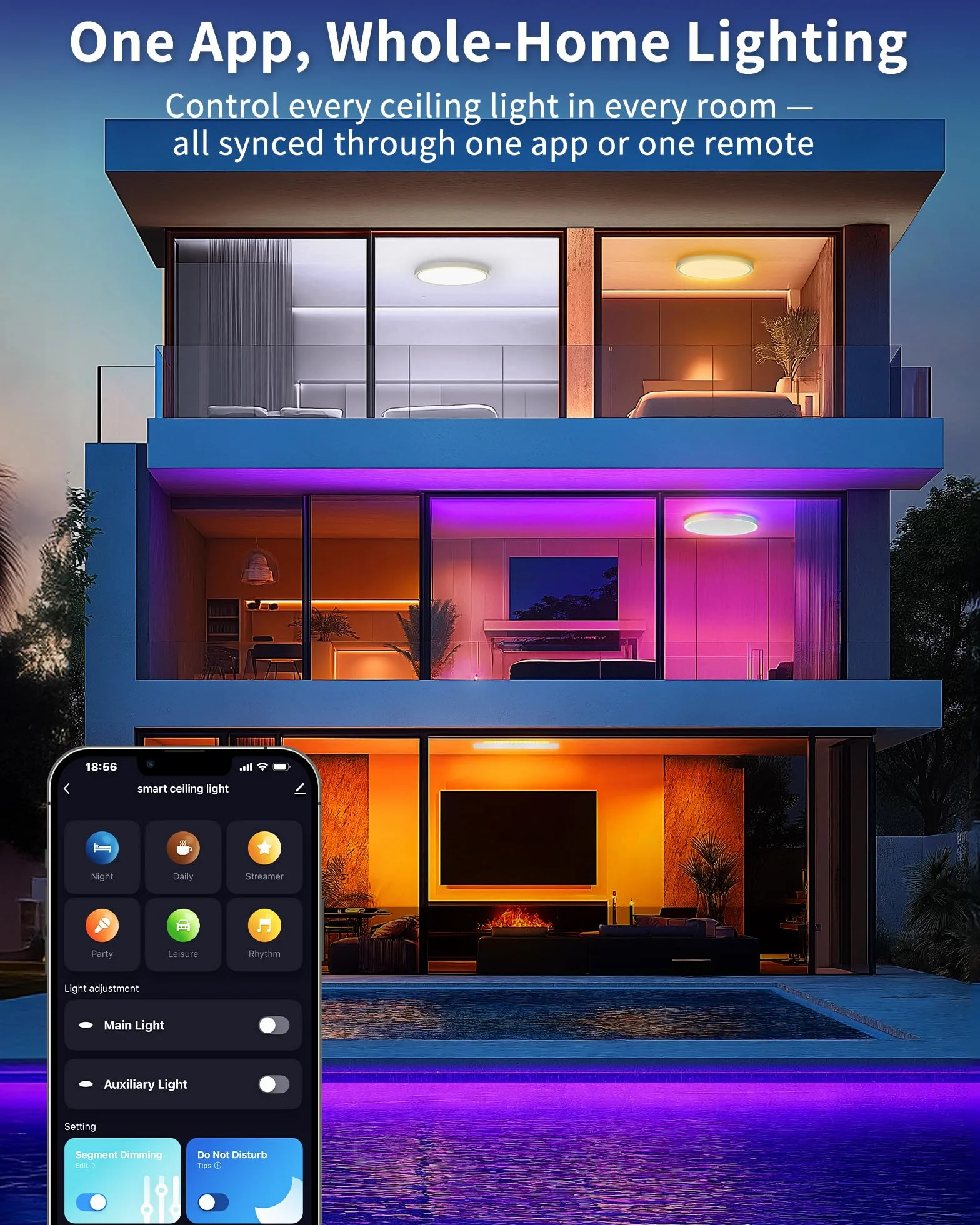 Plafoniera LED Smart Dimmerabile 24W con Telecomando e Controllo WiFi – Lampada da Soffitto Ultra Sottile con Retroilluminazione RGB, Alexa e Google Assistant, per Soggiorno e Camera