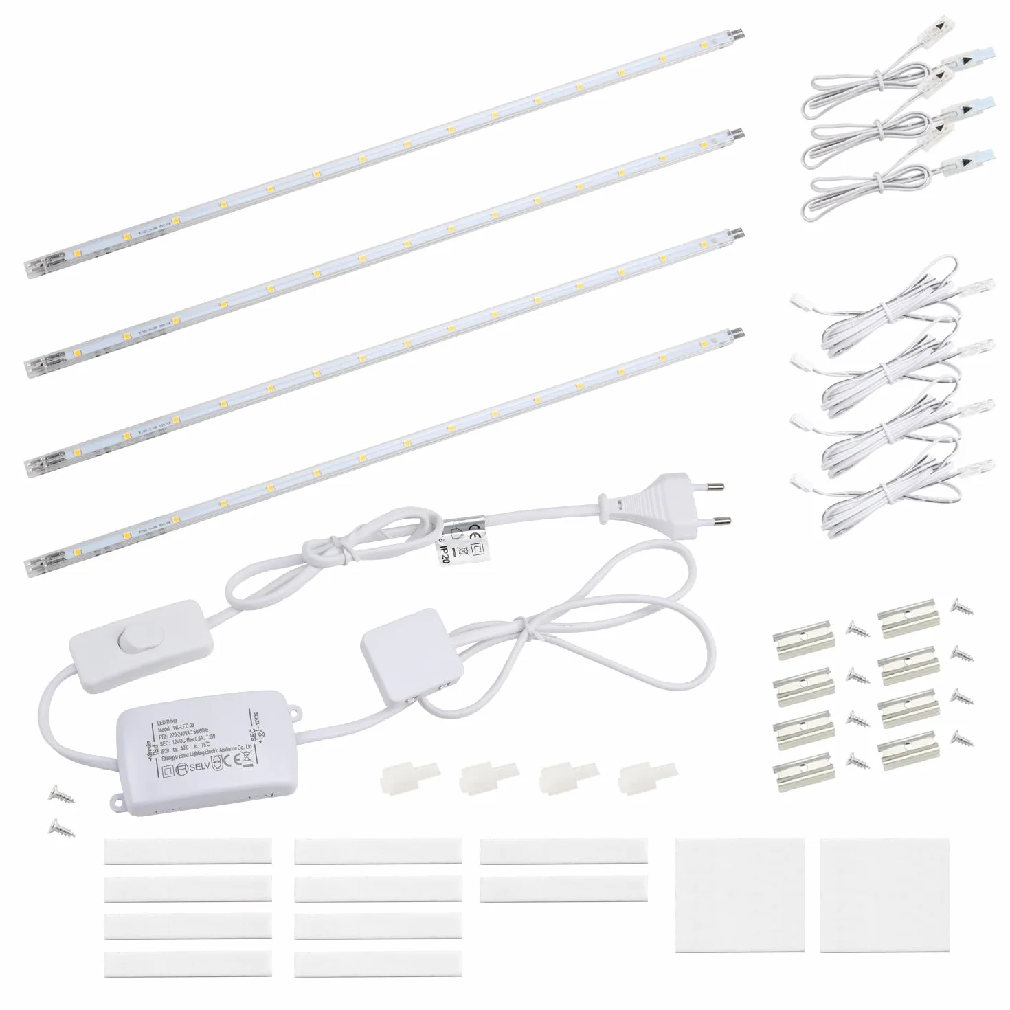 da LIGHT Lampada da incasso a LED con interruttore, 7 W, 700 lm, 4000 K, luce bianca neutra, per cucina, vetrine, armadio, con strisce da 4 x 41 cm, espandibile tramite sistema a incastro