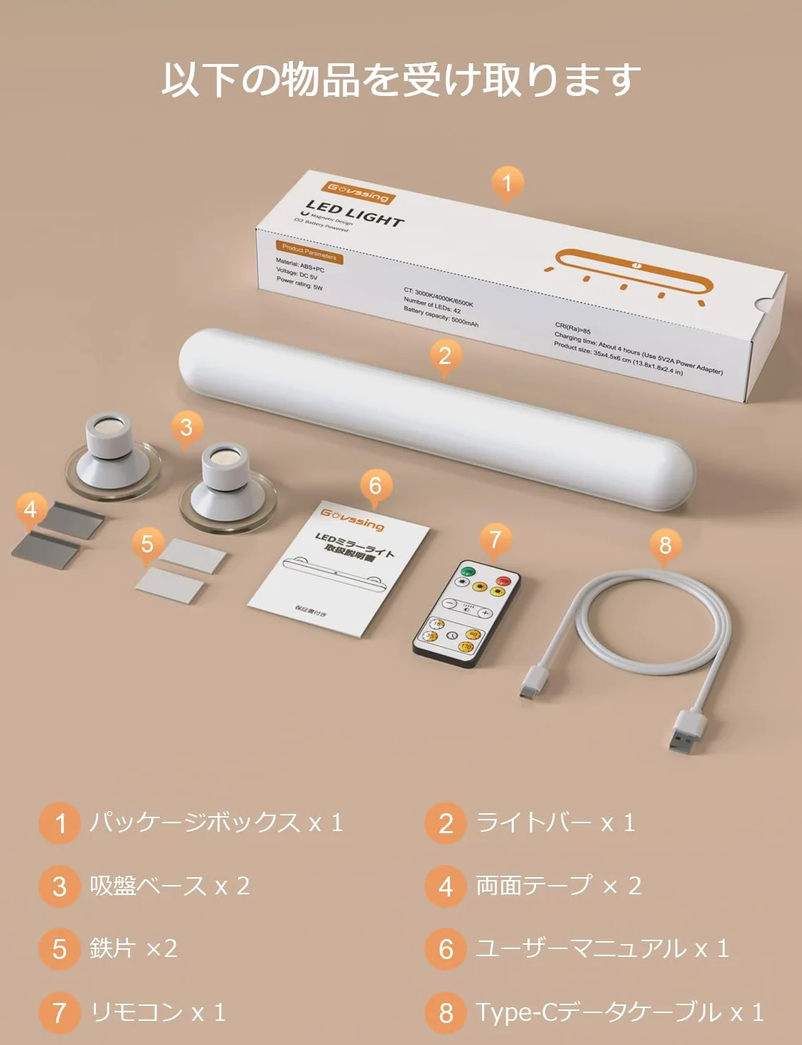 GOVSSING Luci Specchio Make Up Dimmerabili con Ventosa Adesiva, Batteria Ricaricabile da 5000mAh, Illuminazione Senza Fili, Lampada Specchio Magnetica Telecomandata