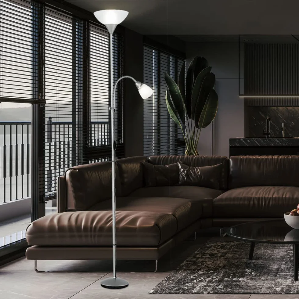 Reality Leuchten Reality R4393-87 Erzwo Piantana, 1xE27 150 W/1xE14 40 W LED, Metallo, Titanio/Bianco, 180 cm, 1 Unità (Confezione da 1)