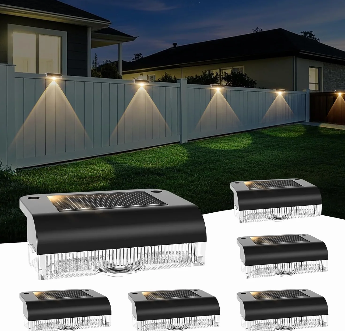 AGOTD Luci Solari per Esterni, 6 pezzi, Luce Solare per Scale, Lampade da Recinzioni Impermeabile, Luci Faretti LED Esterno per Gradini Balcone Terrazza Parete Terra Vialetti Sentieri, Bianco Caldo