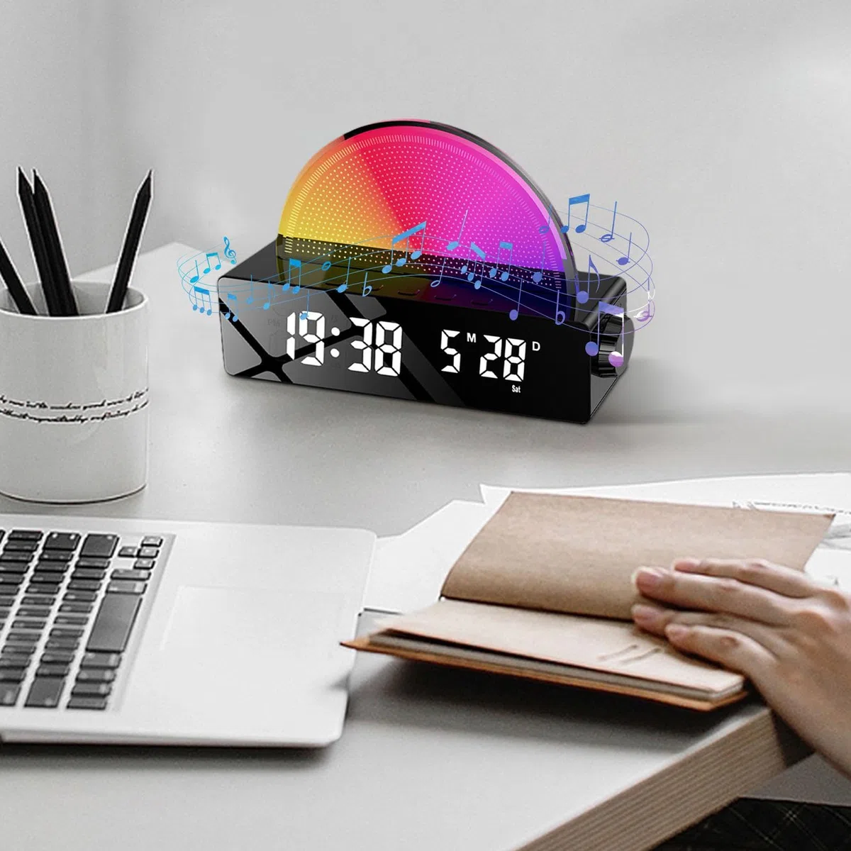 Generico Sveglia per bambini Alba, Sveglia con luce alba, Sveglia con luce e altoparlante, Sveglia intelligente, Sveglie per camere da letto, Display multicolore per chi ha il sonno pesante,