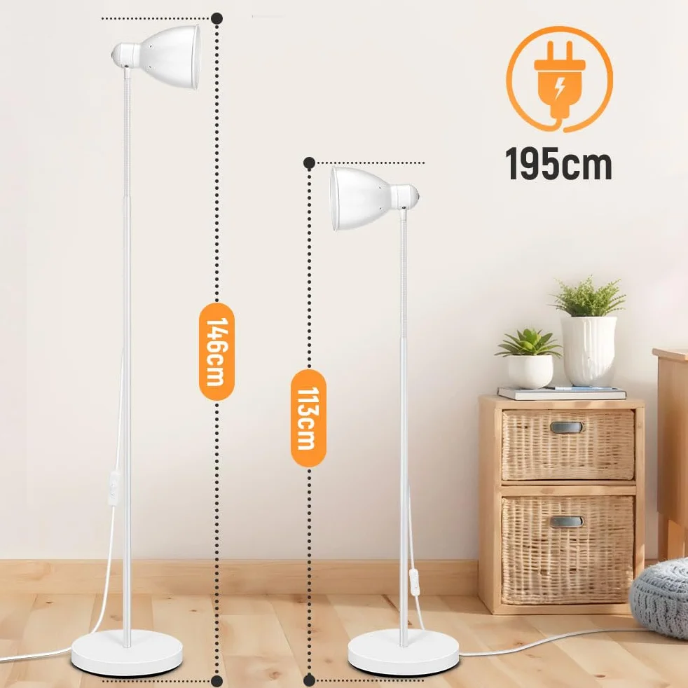 OUSFOT Lampada da Terra, 146cm Piantana Lampada da Terra E27 Max 40W(Nessuna Lampadina Inclusa) Semplice Regolabile Bianco,Adatto a Camere da Letto,Soggiorni e Uffici