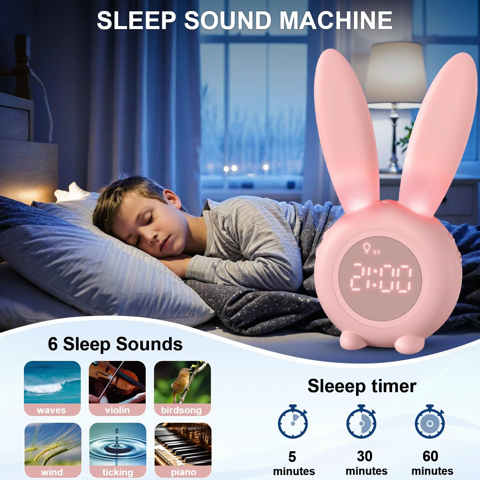 Homealexa Sveglia Bambini da Comodino Sveglia di Coniglio con Luce Notturna Funzione Snooze Timer Lampada Orologio da Tavolo Sveglia Ricaricabile Senza Fili Regalo per Ragazzi Studenti (Rosa)