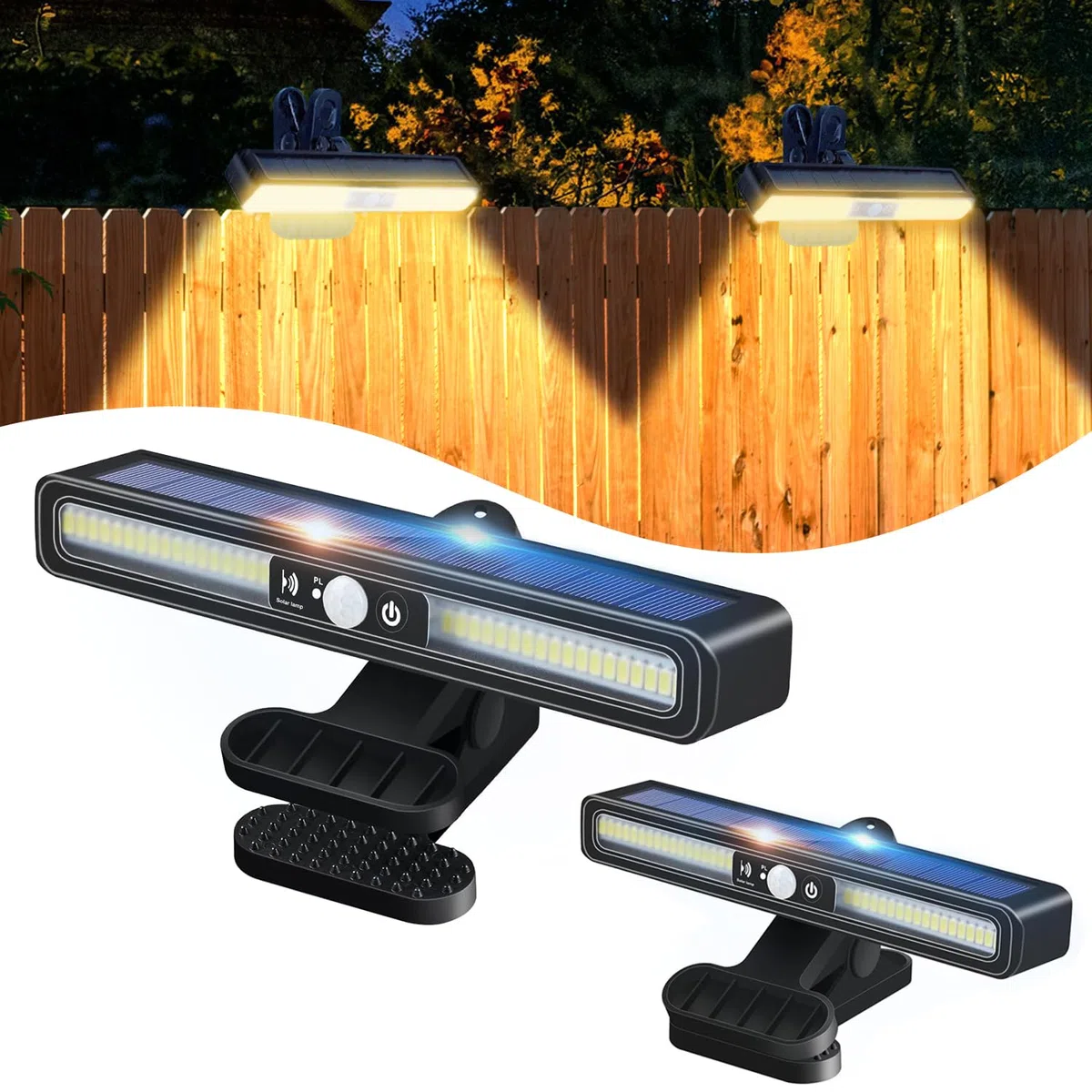 Luci Solari da Giardino, 2 pezzi Clip a Faretti Solari LED Esterno con Sensore di Movimento, IP65 Impermeabile 3 Modalità Lampade Solari Luce Calda Illuminazione per Giardino,Patio,Recinzione