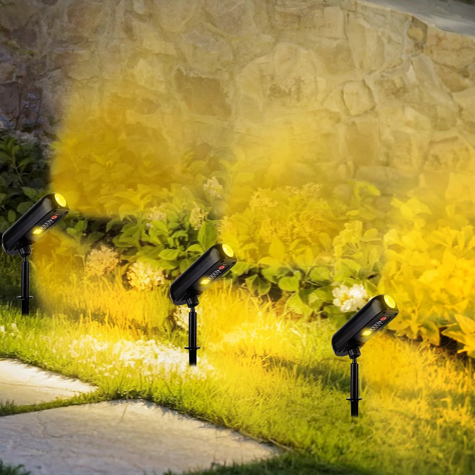 T-SUN 4 Pezzi Faretti Solari, 3000K Faretti Solari da Esterno Regolabile, 2 Modalità Lampada da Giardino Solare, Impermeabile IP65 Potenti Luci Da Esterno Giardino per Alberi, Giardini, Strade, Prati