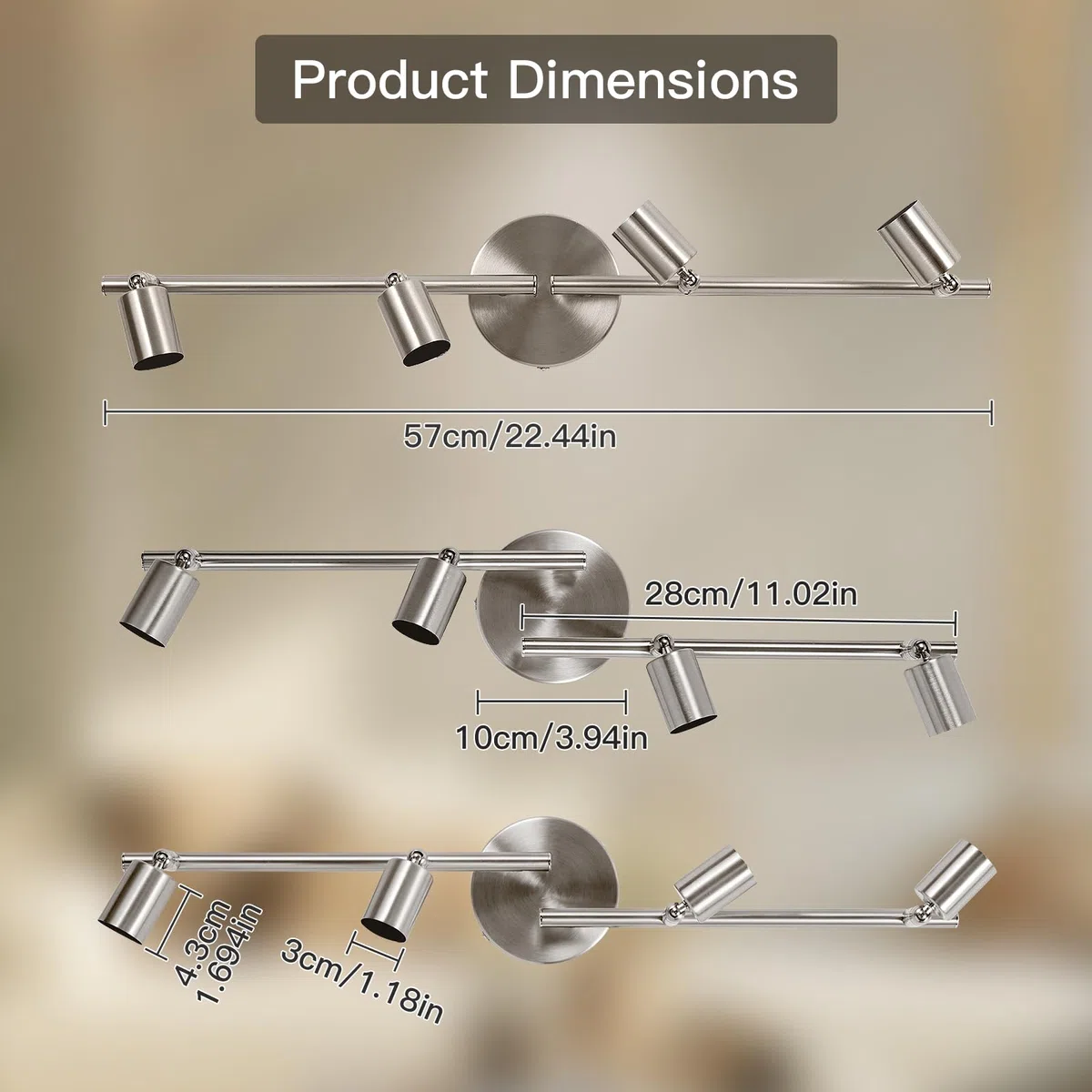 Ketom Binario Faretti Soffitto Orientabile 4 Luci, GU10 Faretto da Soffitto LED Industriale Nichel, Faretti da Parete Interno Moderno per Camera da Letto, Cucina, Soggiorno, Senza Lampadina