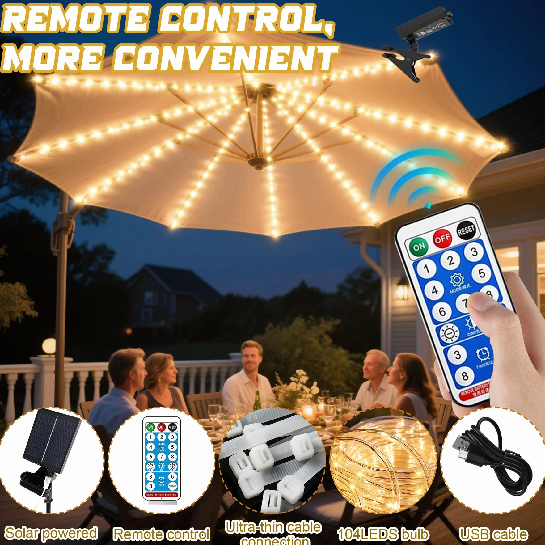 VEEKAY Luci Solari per Ombrellone,Llluminazione Solare per Ombrellone,104 LED Luci per Ombrelloni da Esterno,Telecomando,IP67 Impermeabile Catena di luci,8 Modalità di Luminosità,per Esterni,Patio