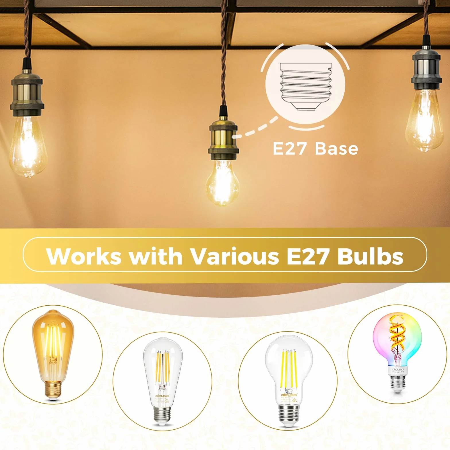 DiCUNO E27 Vintage Portalampada, Edison retro lampada a sospensione, Adattatore in ceramica solida, 4 Pezzi di perle nere socket