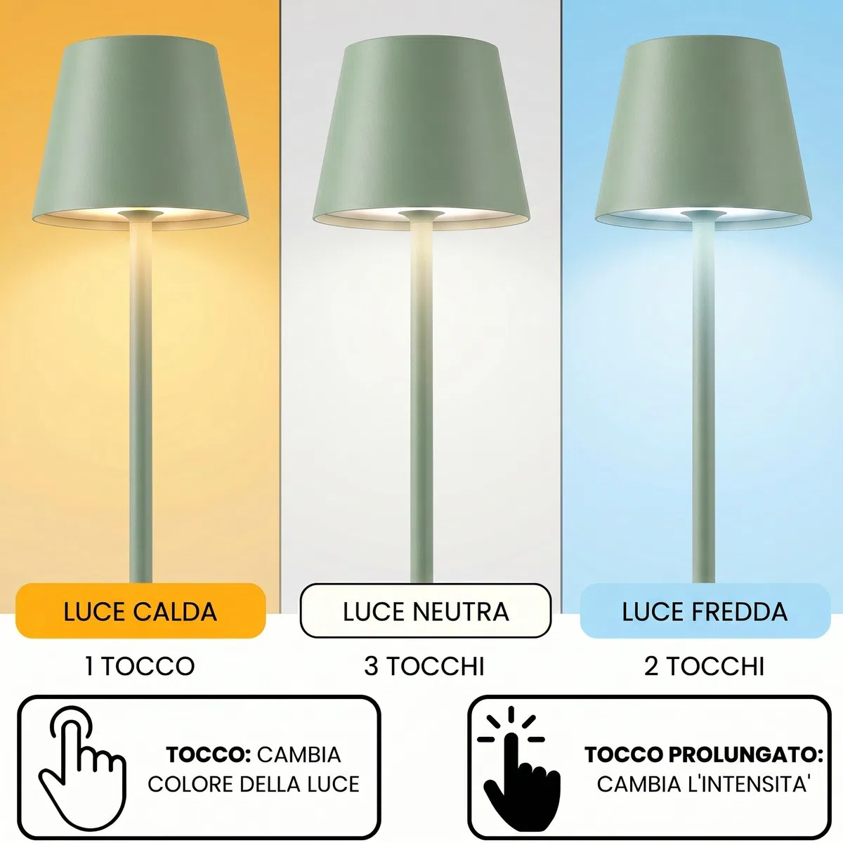 Lampada da Tavolo Senza Fili Ricaricabile con Presa USB, Abat-Jour Regolabile in Altezza con Dimmer Touch e 3 Luci Led Diversa Intensità per Camera, Ufficio, Ristorante - Verde