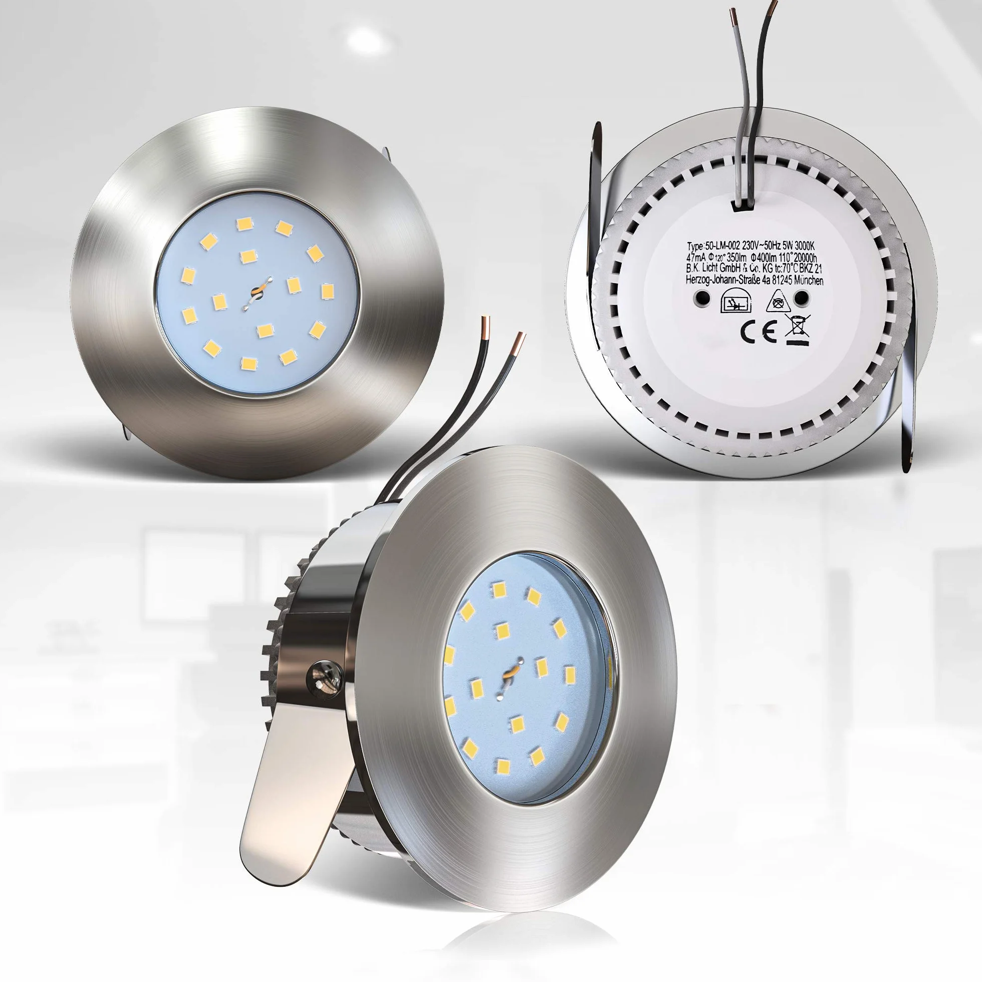 B.K.Licht Faretti LED ad incasso, 5W, diametro foro 60mm, faretti per bagno ultrasottili da soffitto, luce calda, plastica color nickel opaco, set da 3, 230V, IP44