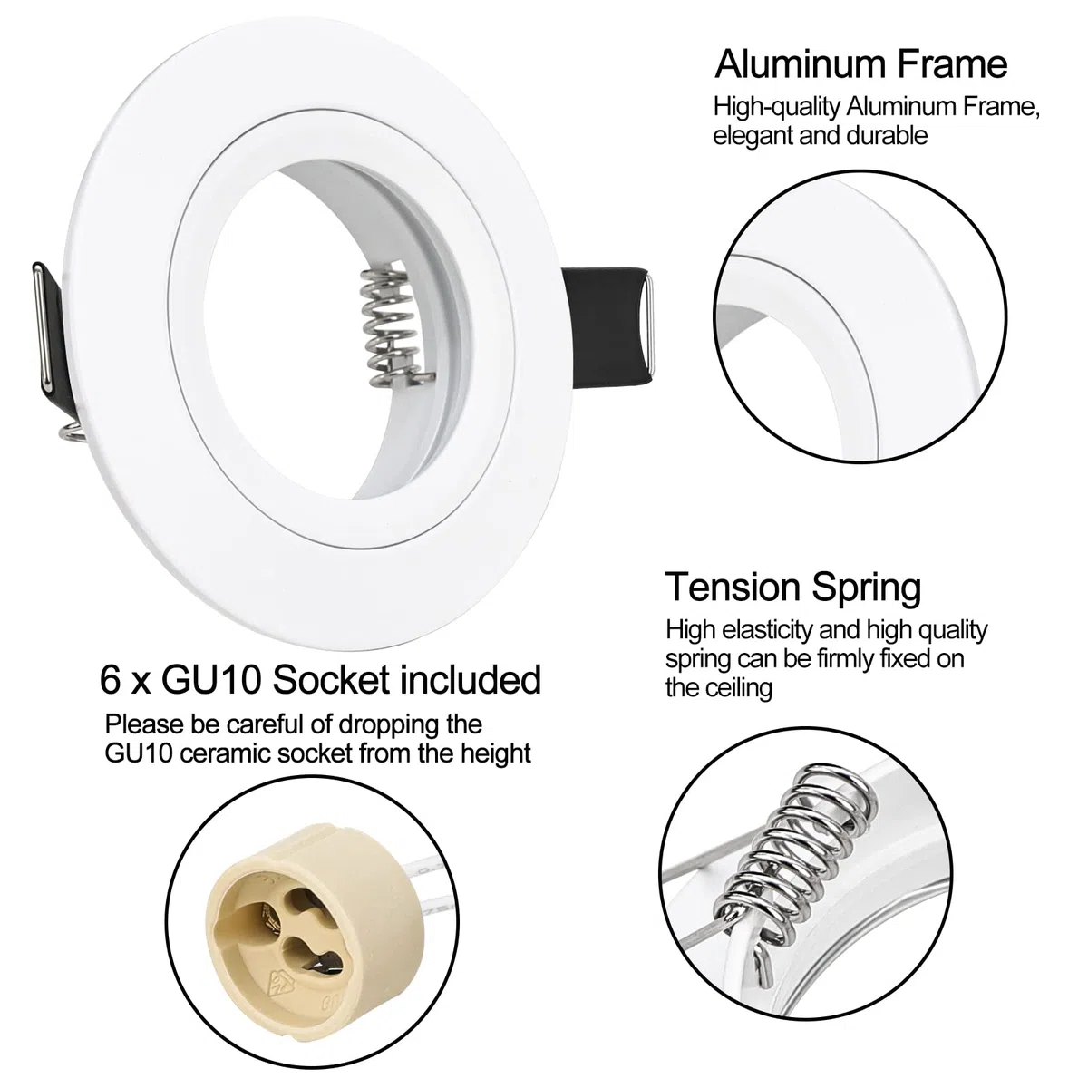 Faretto Incasso Cartongesso GU10 Alluminio Bianco, Cornice Faretti led da incasso per cartongesso Rotondo Portafaretto incl. Portalampada GU10 per lampade LED e Alogeno, Foro ø65mm, Set da 6
