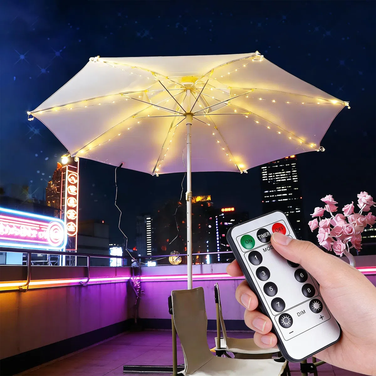 PORFOYO Illuminazione Per Ombrellone Con Telecomando, 104 LED, 8 Modalità, Impermeabile, Ombrellone, Giardino, Tende Da Campeggio