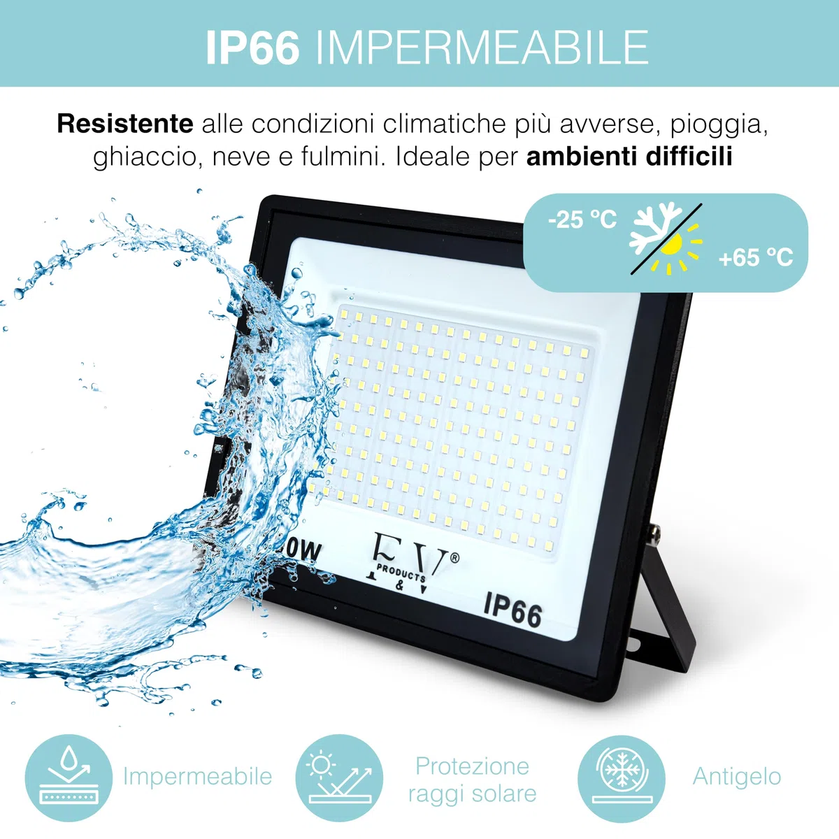 F&V PRODUCTS Faretto LED da Esterno 100W, Cavo 1 M, Luce Bianca Fredda 6500K, 10000 LUMEN, IP66, IK08, Alluminio e Vetro Temperato, Faro LED 220V per Illuminazione Esterna, Giardino, Garage, Facciate