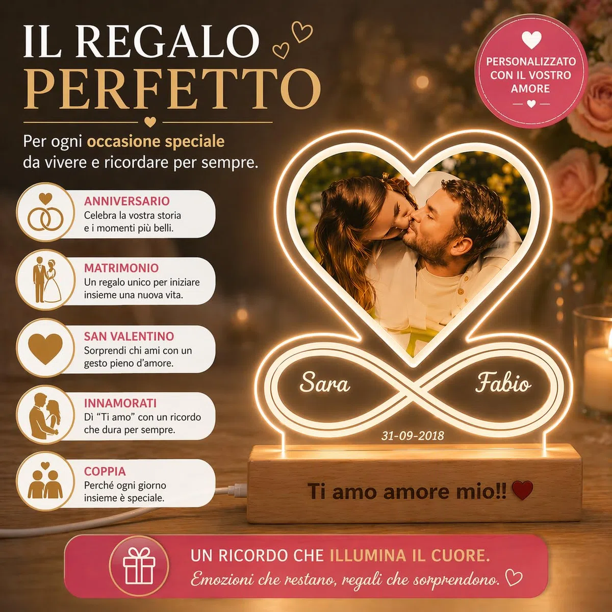 SBUGATTA |Lampada Personalizzata Con Foto |Idea Per lei e Lui |Festa della Mamma |idea San Valentino |Regalo Anniversario | Natale | Matrimonio(Cuore-Infinito)